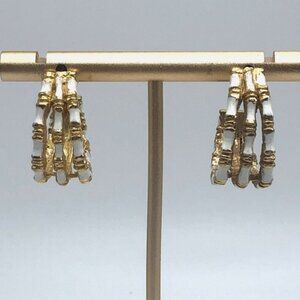 Vintage Gold Bamboo Triple 1 Inch Hoop Huggie Earrings w White Enamel Costume